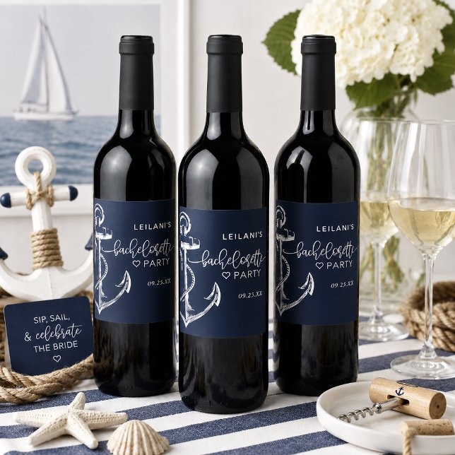 Rótulo De Garrafa De Cerveja Noiva Âncora Náutica Branco (Navy blue nautical anchor wine label for bachelorette celebration.)