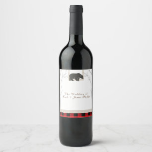 Rótulo De Garrafa De Cerveja Noiva de Urso Rústico e Madeira de Xadrez Vermelho