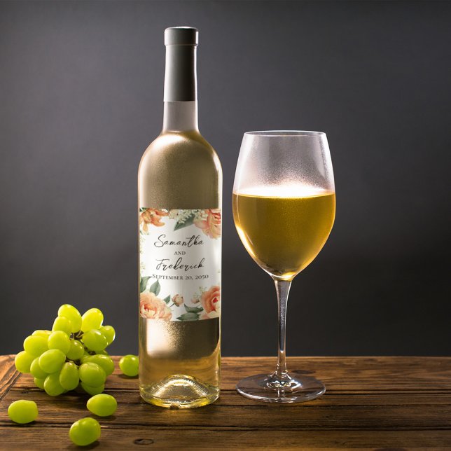 Rótulo De Garrafa De Cerveja Noiva Elegante e noiva (Peach floral wedding wine bottle label)