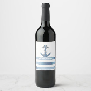 Rótulo De Garrafa De Cerveja Nome de Barco Náutico, Âncora, Corda, Listras Azul