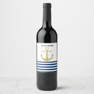 Rótulo De Garrafa De Cerveja Nome de Barco Náutico, Âncora Dourada Listras Azul