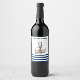 Rótulo De Garrafa De Cerveja Nome do Barco,Âncora Flores Listras Azul Marinho