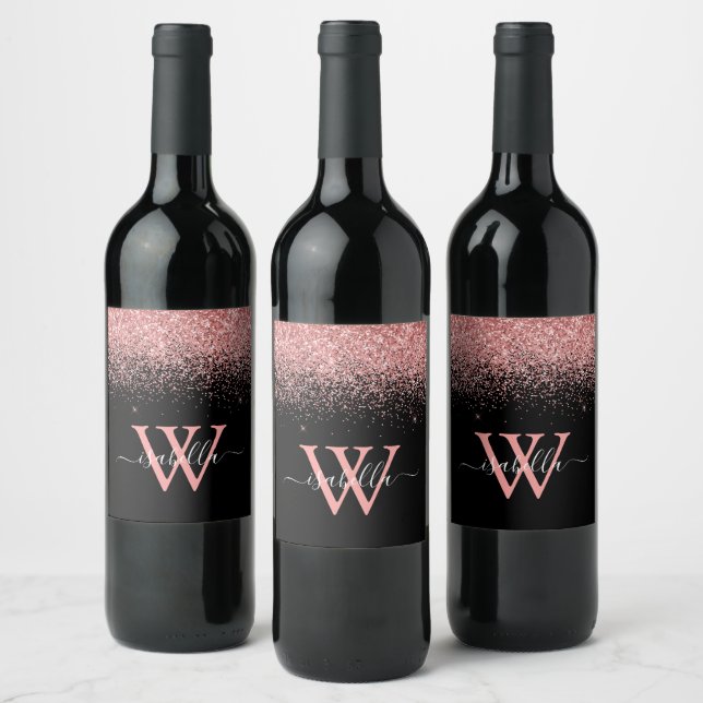 Rótulo De Garrafa De Cerveja Nome em Script Elegante Rosa e Preto Monogramado (Garrafas)