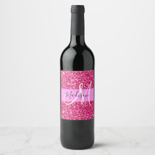 Rótulo De Garrafa De Cerveja Nome Monograma Brilho Rosa Quente Glam Glamouroso