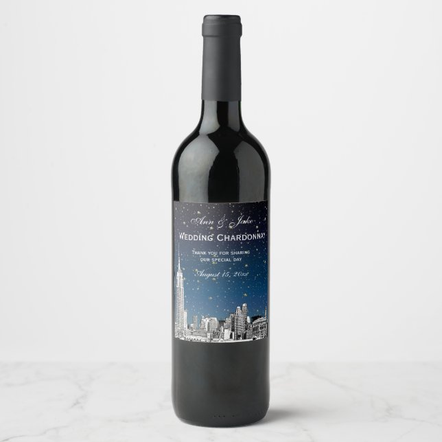Rótulo De Garrafa De Cerveja NYC Skyline Enchida Gradiente Azul Estrelado BG (Frente)
