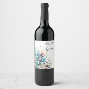 Rótulo De Garrafa De Cerveja Onda do Mar Coral Água Marinha Aquarela Casamento 