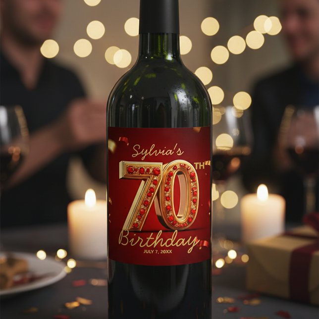 Rótulo De Garrafa De Cerveja Opulento Vermelho Rubi Dourado Brilho 70º Aniversá (Criador carregado)