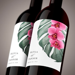 Rótulo De Garrafa De Cerveja Orquídeas Rosa Quente no Casamento Tropical de Mo