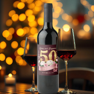 Rótulo De Garrafa De Cerveja Ouro Branco Rosa Floral 50º Aniversário de Casamen