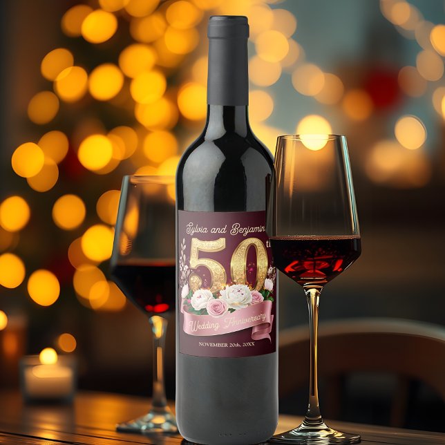 Rótulo De Garrafa De Cerveja Ouro Branco Rosa Floral 50º Aniversário de Casamen (Criador carregado)
