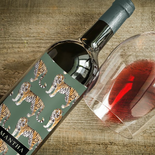 Rótulo De Garrafa De Cerveja Padrão De Tigres De Aquarela Verde Tropical Com No (Criador carregado)