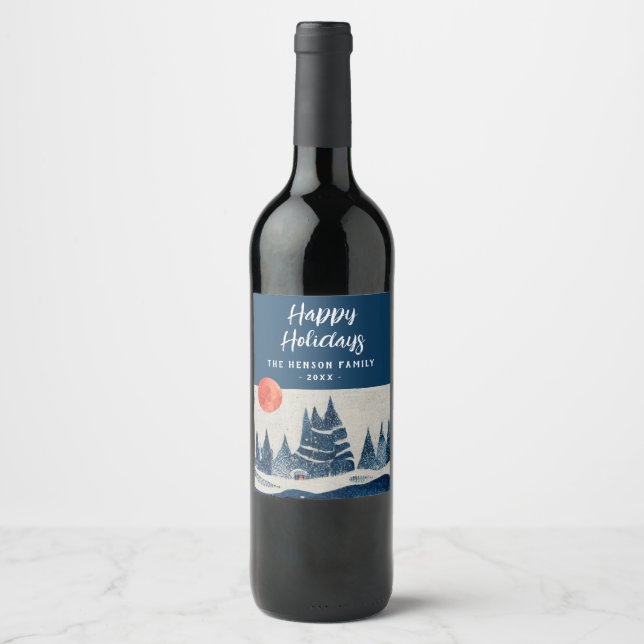 Rótulo De Garrafa De Cerveja Paisagem de Inverno Floresta Lua Azul Marinho Dese (Frente)