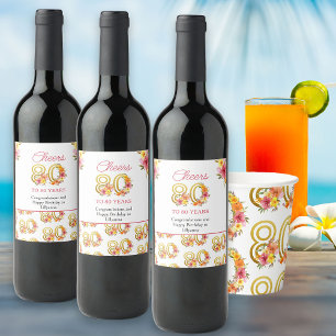 Rótulo De Garrafa De Cerveja Parabéns pelos 80 Anos Floral Dourada Número 80