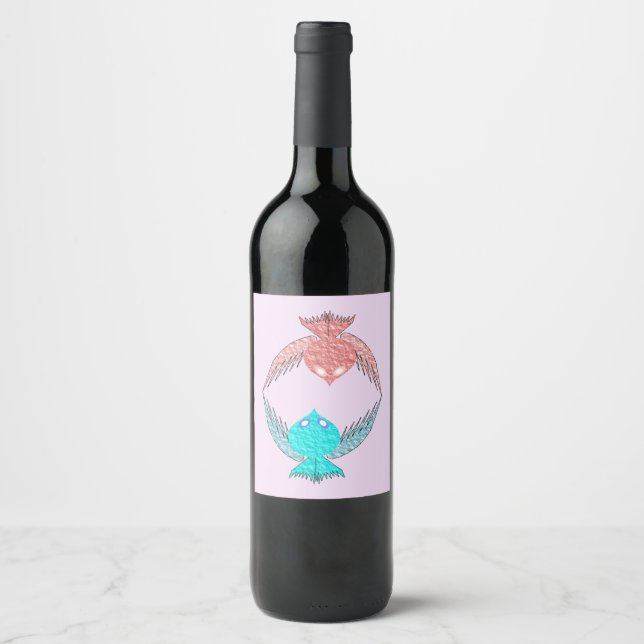 Rótulo De Garrafa De Cerveja Pássaros de Amor, Rosa e Azul (Frente)