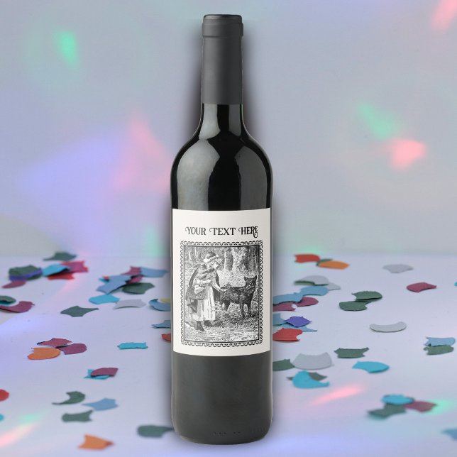 Rótulo De Garrafa De Cerveja Penteado vermelho-foleiro em Woods Wolf Frame (Vintage Red Riding hood wolf in woods on black white ornate framed wine bottle label.)