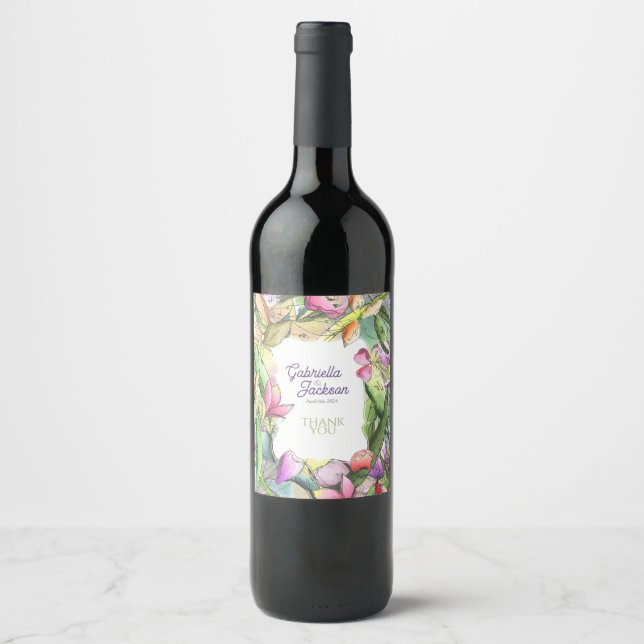 Rótulo De Garrafa De Cerveja Personalize Floral em Aquarela Contornada (Frente)