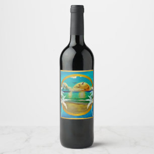 Rótulo De Garrafa De Cerveja Praia Tropical Moderna Palmeiras Pôr do Sol Férias