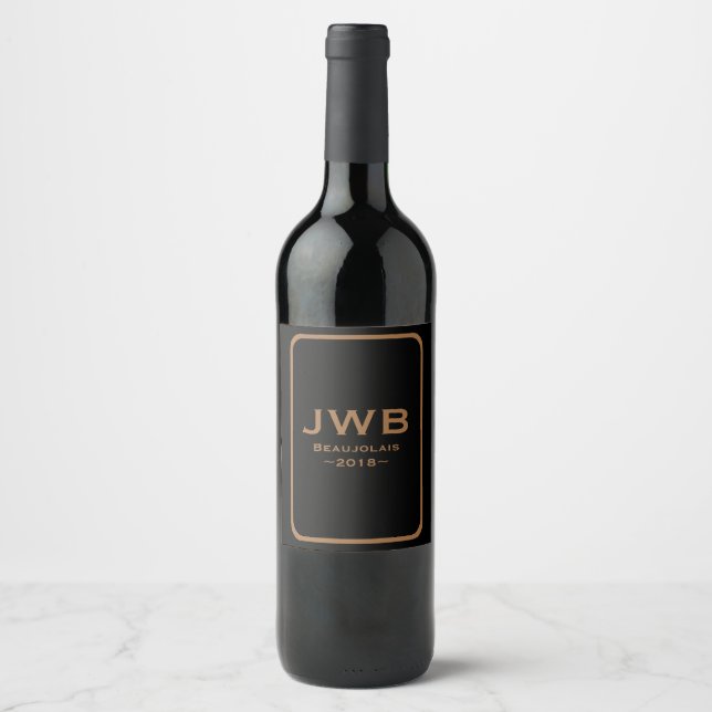 Rótulo De Garrafa De Cerveja Preto com Monograma de Cobre e Rótulo de Vinho de  (Frente)