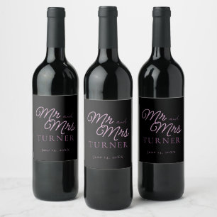 Rótulo De Garrafa De Cerveja Preto e Rosa, Sr. e Sra. Wedding