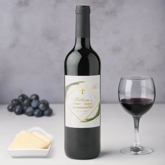 Rótulo De Garrafa De Cerveja Primeira Comunhão Greenery Marble Faux Dourada Fer (Criador carregado)