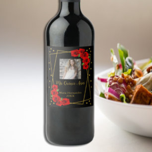 Rótulo De Garrafa De Cerveja Quinceañera rosa vermelha Preta e Dourada