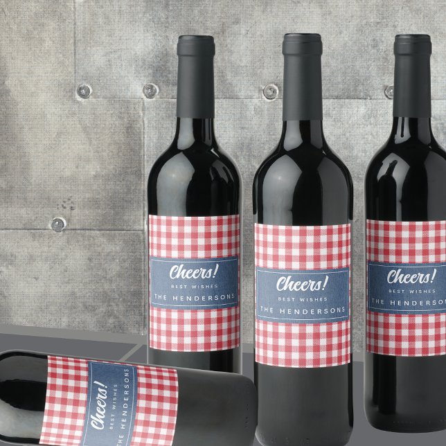 Rótulo De Garrafa De Cerveja Red White Check Gingham & Blue Denim Cheers (Criador carregado)