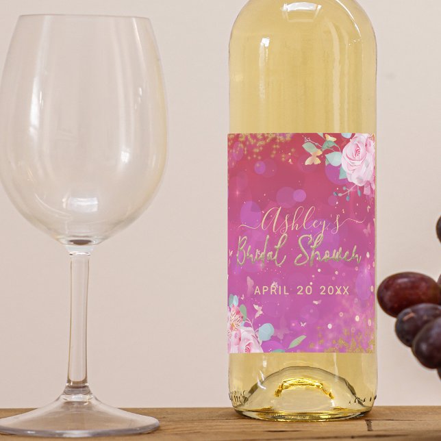 Rótulo De Garrafa De Cerveja Rico Floral Rosa Elegante Chá de panela Romântico (Criador carregado)