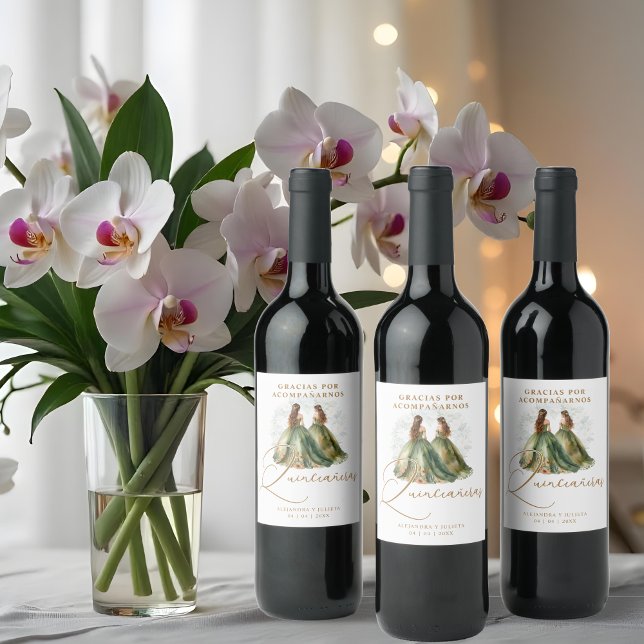 Rótulo De Garrafa De Cerveja Romantic Spanish Quinceañeras Twins Dolls Green (Romantic Spanish Quinceañeras Twins Dolls in Green and Brown Shades Wine Labels. )