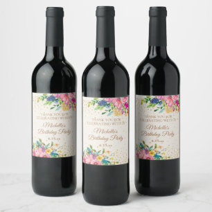 Rótulo De Garrafa De Cerveja Rosa Amarelo Azul Floral Aniversário Nome Data