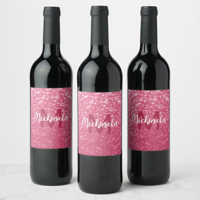 Rótulo De Garrafa De Cerveja Rosa claro monograma de rosa com brilho falso (Garrafas)