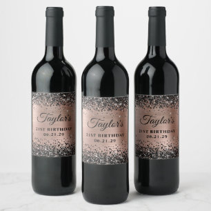Rótulo De Garrafa De Cerveja Rosa Dourada Folha Brilho Preto Aniversário de 21