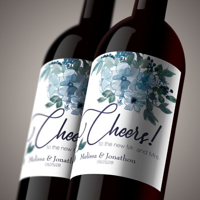 Rótulo De Garrafa De Cerveja Rosas Azuis do Pastel Moderno Casamento Floral (Criador carregado)