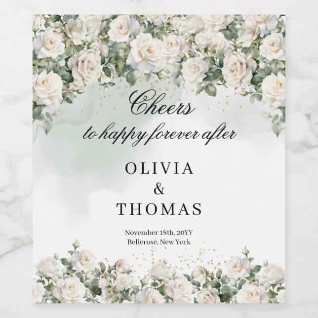 Rótulo De Garrafa De Cerveja Rosas brancas românticas Eucalyptus Greenerescênci (Rótulo Único)