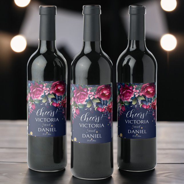 Rótulo De Garrafa De Cerveja rosas rosa-quente azul-marinho, casamento personal (Navy blue hot pink roses personalized wedding wine label)