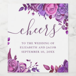 Rótulo De Garrafa De Cerveja Rosas rosados e roxos. Casamento floral de aquarel