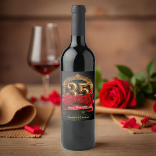 Rótulo De Garrafa De Cerveja Rosas vermelhas Elegantes Douradas 35º aniversário
