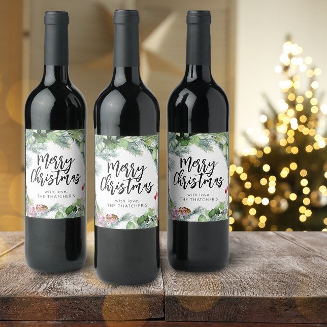 Rótulo De Garrafa De Cerveja Rota de Natal Aquarela Folhagem (Script Merry Christmas Watercolor Greenery Wine Label)