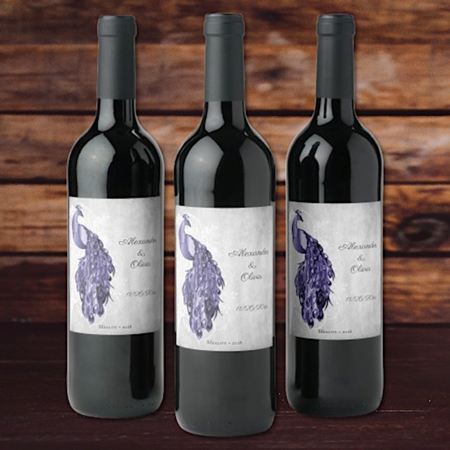 Rótulo De Garrafa De Cerveja Rótulo de Vinho Casamento Pavão Roxo (Purple Peacock Wedding Wine Label)