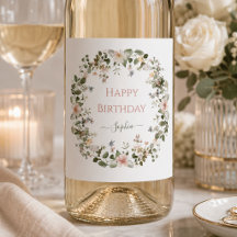 Rótulo de Vinho de Aniversário Floral Elegante – P