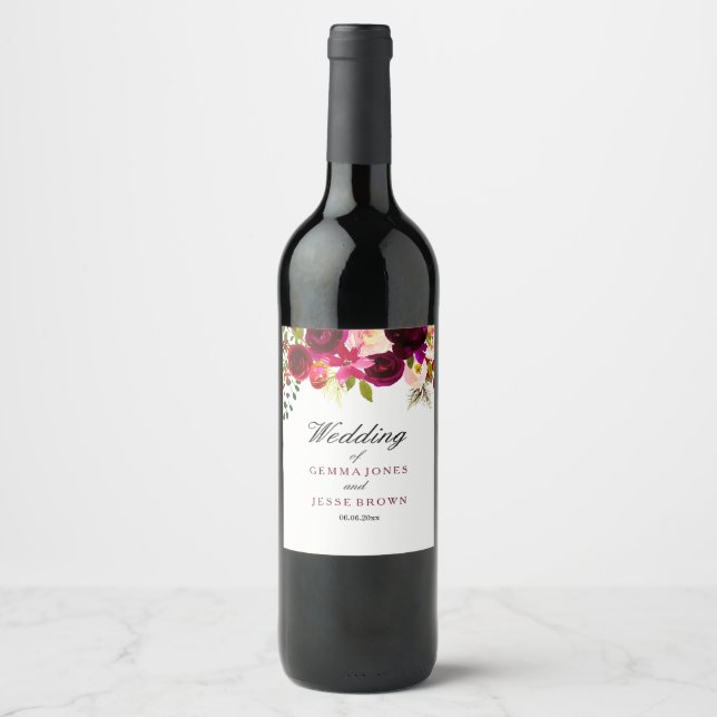 Rótulo De Garrafa De Cerveja Rótulo de Vinho de Casamento de Boho Floral Roxo-V (Frente)