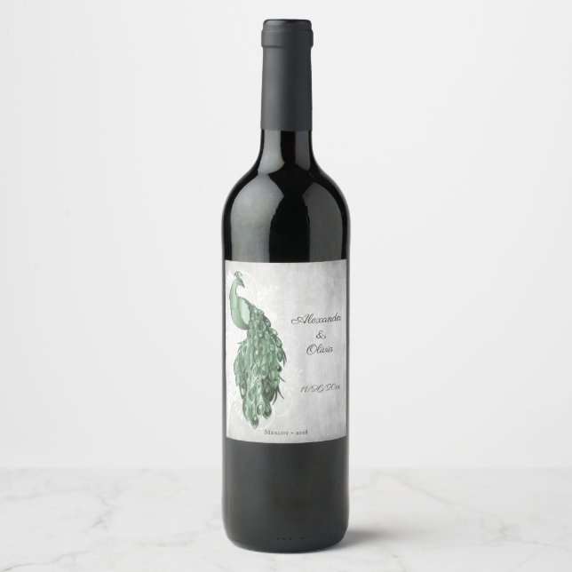 Rótulo De Garrafa De Cerveja Rótulo de Vinho de Casamento de Peacock Verde Emer (Frente)