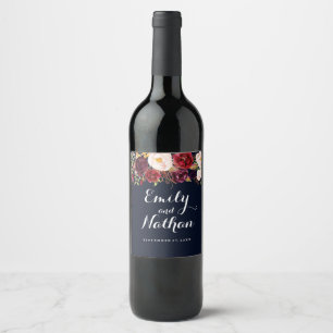 Rótulo De Garrafa De Cerveja Rótulo de Vinho de Casamento Floral Burgundy de Ou
