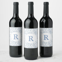 Rótulo de Vinho Floral Francês de Monograma Azul