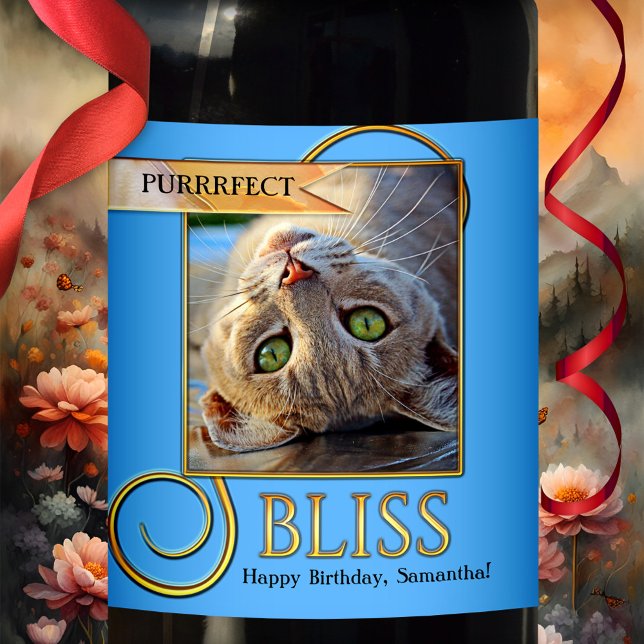 Rótulo De Garrafa De Cerveja Rótulo de Vinho Gato Engraçado Puro Bliss (A pretty funny cat wine label featuring your own photo framed by bright blue and gold design)