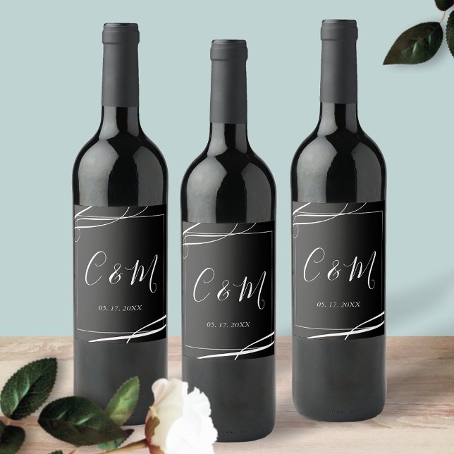Rótulo De Garrafa De Cerveja Rótulo de Vinho Preto e Branco Monograma Elegante (Criador carregado)
