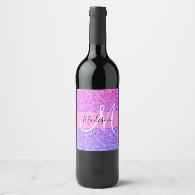 Rótulo De Garrafa De Cerveja Roxo Rosa Glitter Faísca Gradiente Monograma (Frente)
