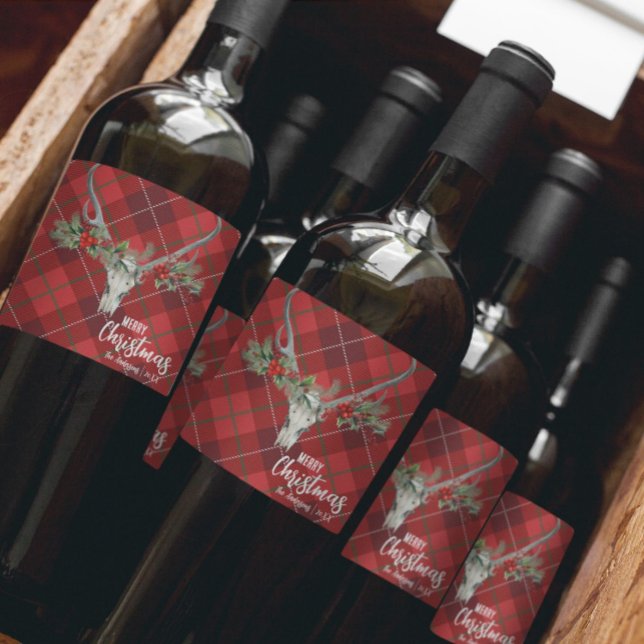 Rótulo De Garrafa De Cerveja Rustic Country Reindeer Skull & Garland Natal (Criador carregado)