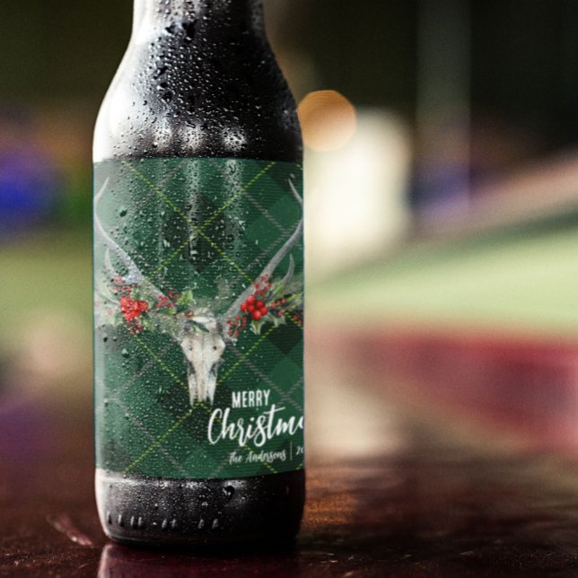 Rótulo De Garrafa De Cerveja Rustic Country Reindeer Skull & Garland Natal (Criador carregado)