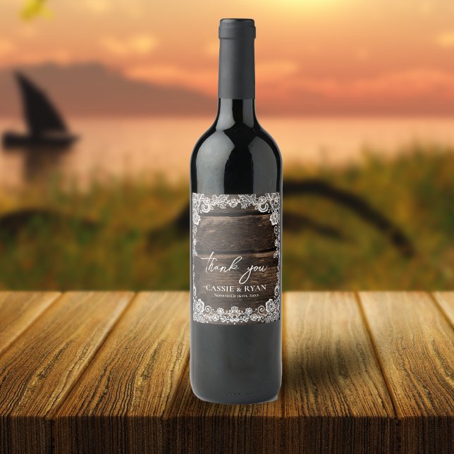 Rótulo De Garrafa De Cerveja Rustic Wood and Lace Weding Obrigado (Rustic Wood and Lace Wedding Thank You Wine Label)