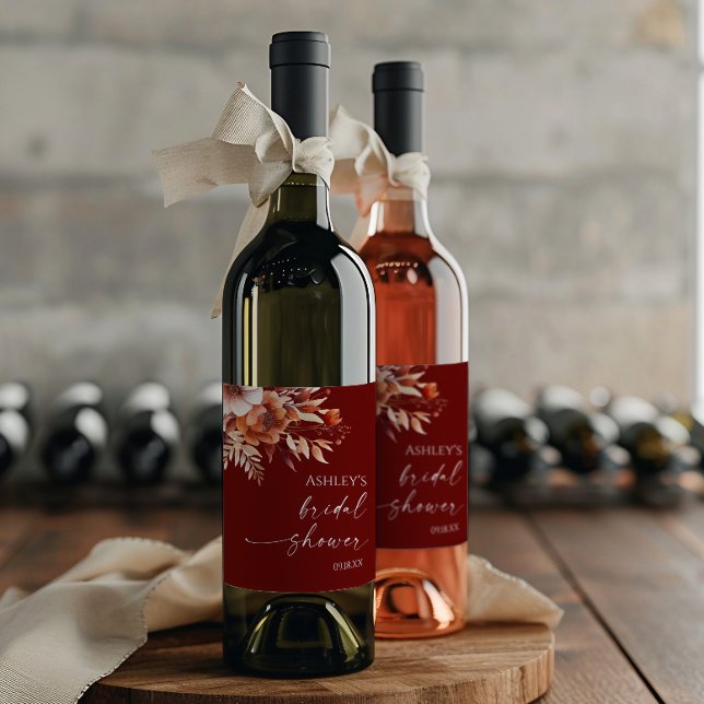 Rótulo De Garrafa De Cerveja Rústico Burgundy Marrom Floral Flores Jantar de No (Criador carregado)